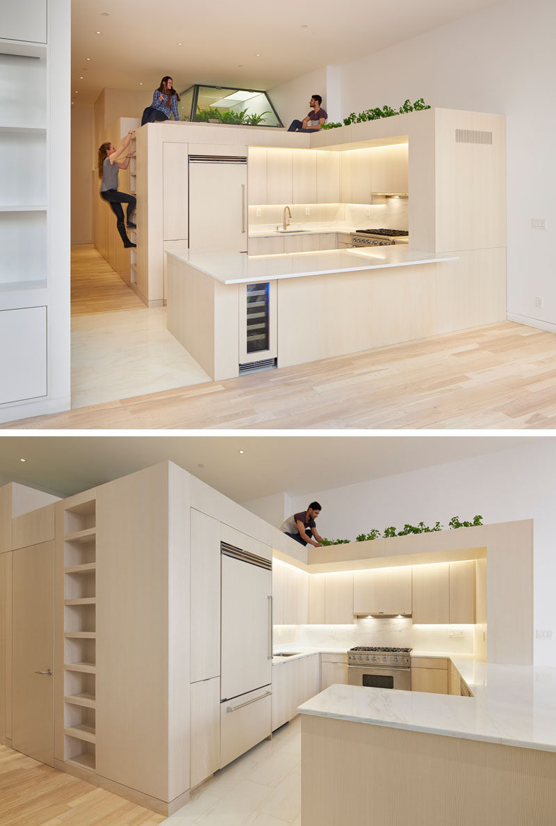 This apartment has a unique 'third space' between the living/kitchen and sleeping areas that houses the bathrooms and allows plants to grow on top.