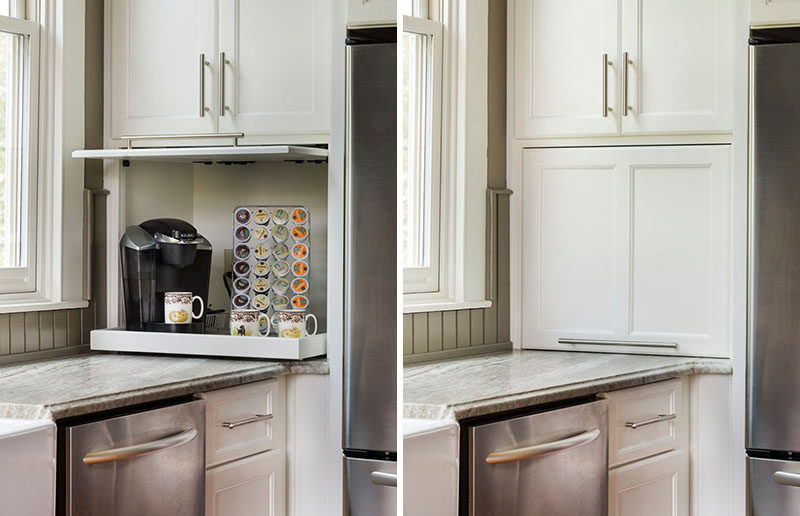 Kitchen Design Idea - Store Your Kitchen Appliances In A Dedicated Appliance Garage // The door of this garage slides opens and tucks into the cabinetry to stay out of the way while the shelf inside pulls out to make the coffee machine more easily accessible.