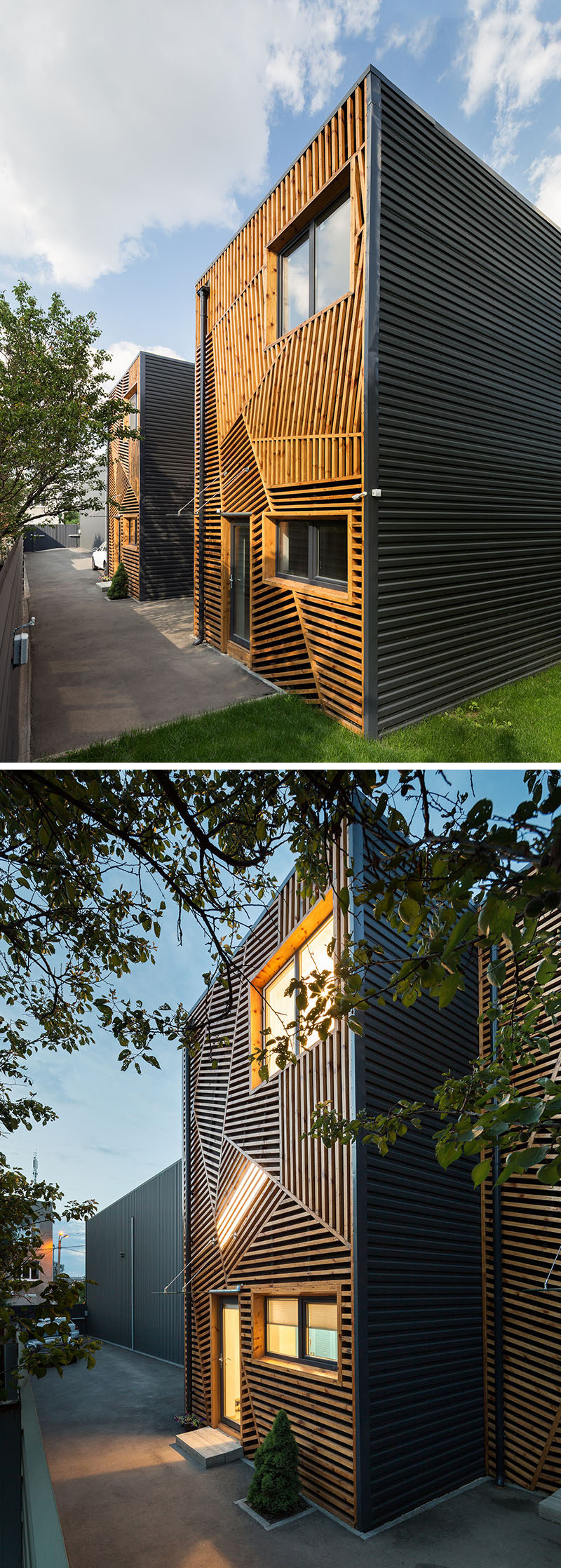 When Pominchuk Architects were designing these townhouses in Kharkiv, Ukraine, they decided to use wooden strips arranged in a geometric design to create a unique facade.