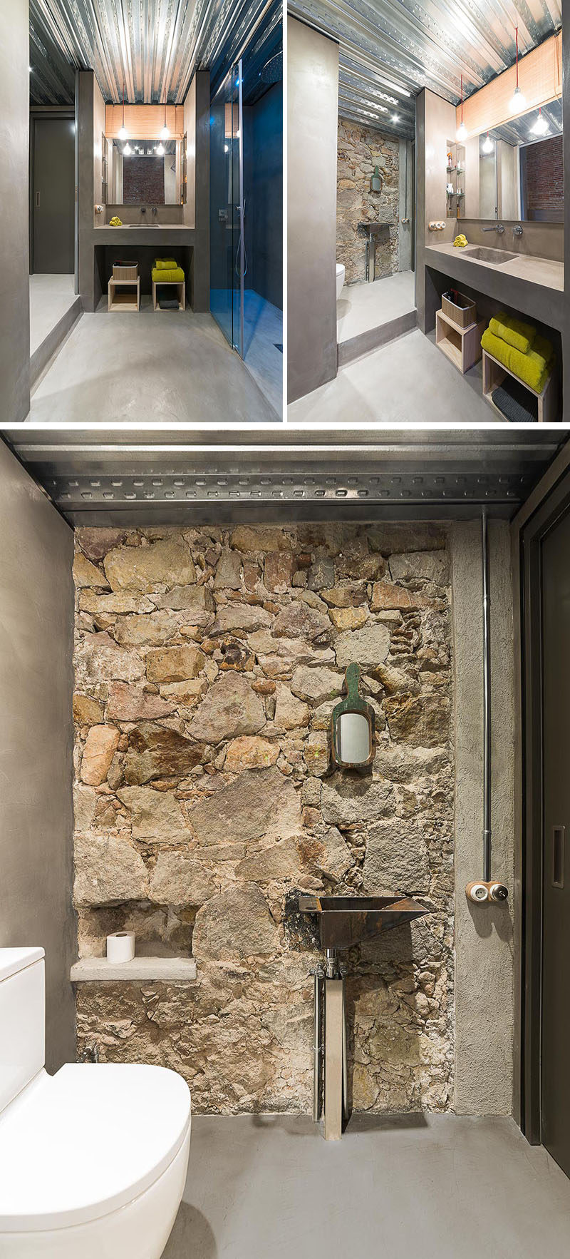 In this renovated bathroom,, the vanity area and shower are stepped down from the toilet, and a metal ceiling helps to keep things bright. While the original stone wall has become a feature wall.
