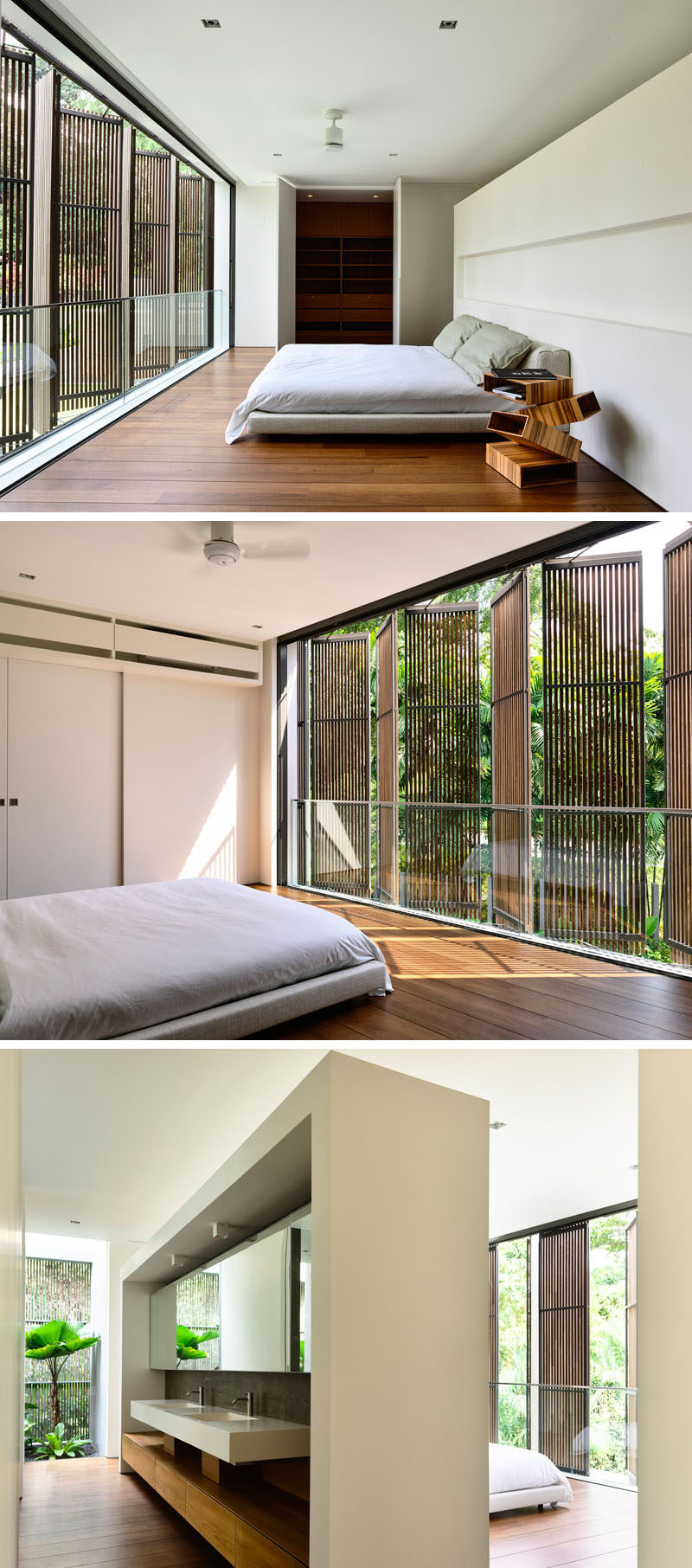 This bedroom has wooden shutters on the window for privacy, and the back of the headboard becomes the bathroom.