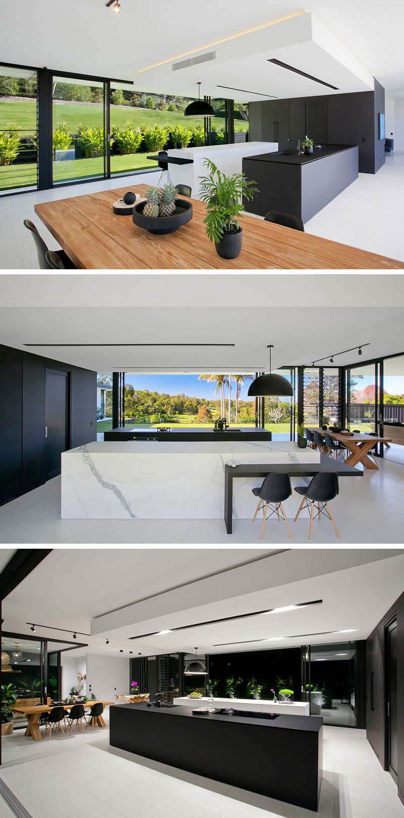 In this minimalist kitchen, fine matt black laminate and marble-look porcelain used in the design of the islands , and a large black box hides the essentials of the kitchen. Inside there's plenty of storage, an additional butlers sink and extra prep space.