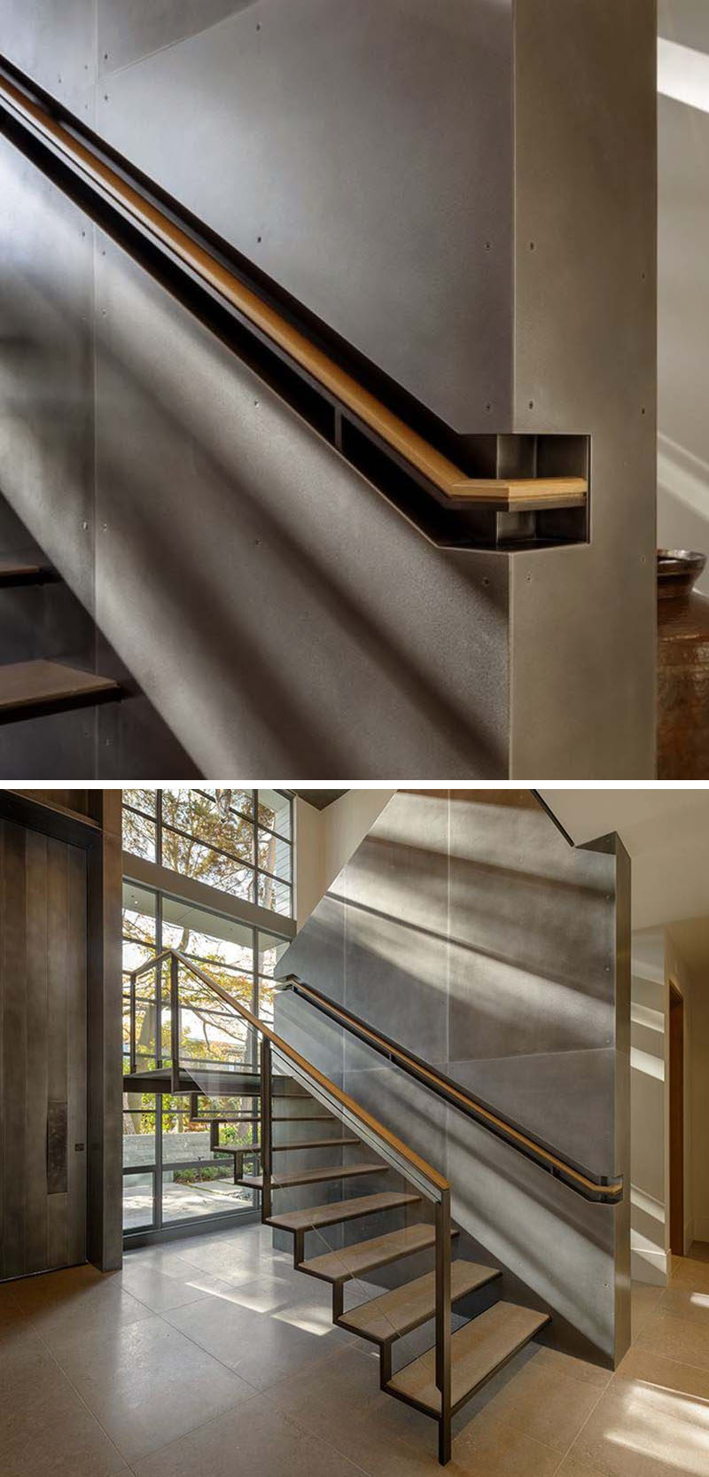 Stair Design Idea - 9 Examples Of Built-In Handrails // This wood and steel handrail is built into a section of the wall for a more industrial look.