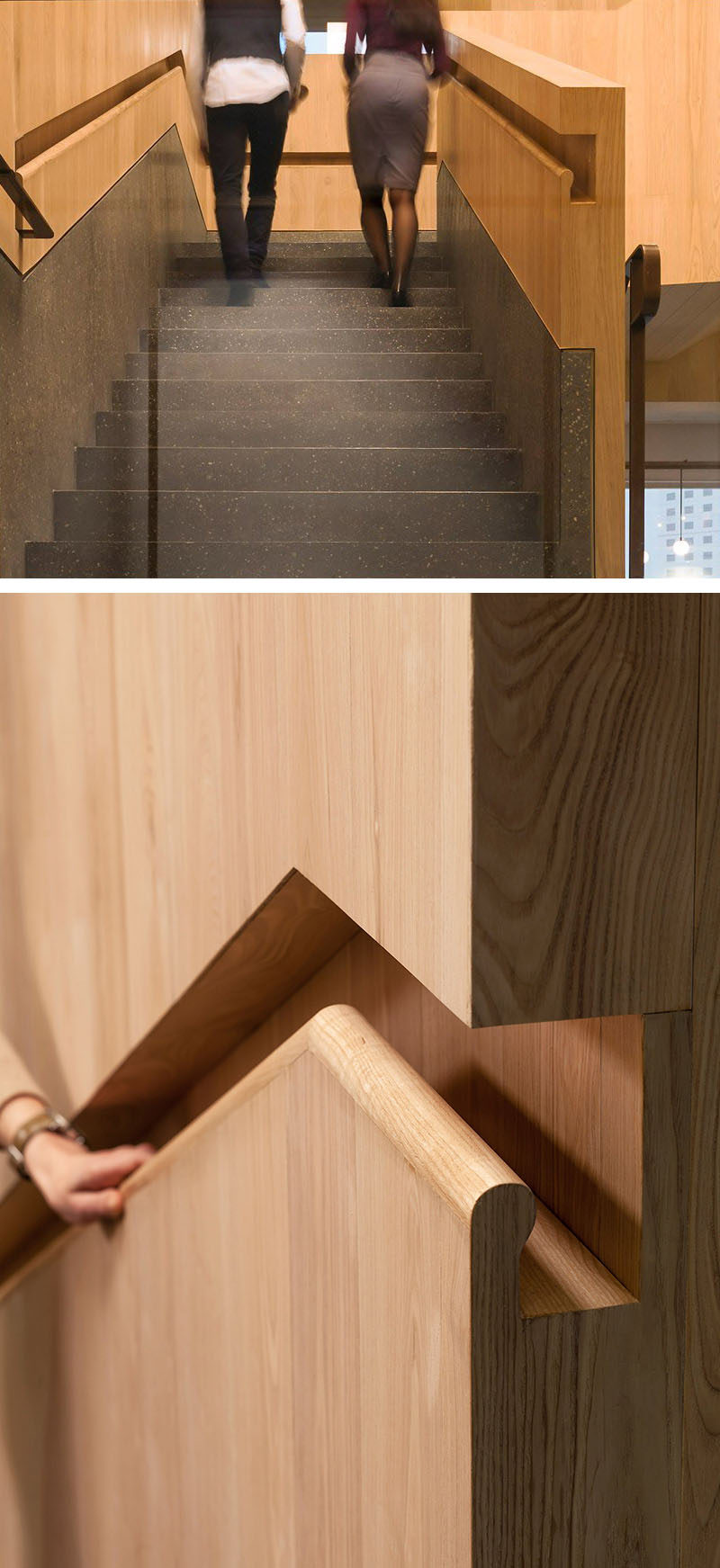 Stair Design Idea - 9 Examples Of Built-In Handrails // This office in Hong Kong transitioned from brass handrails into built-in wooden handrails.