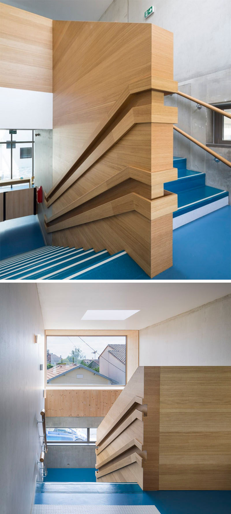 Stair Design Idea - 9 Examples Of Built-In Handrails // These dual handrails in a day care have been built into the wood wall, making sure both the children and the adults have a space to hold on to.