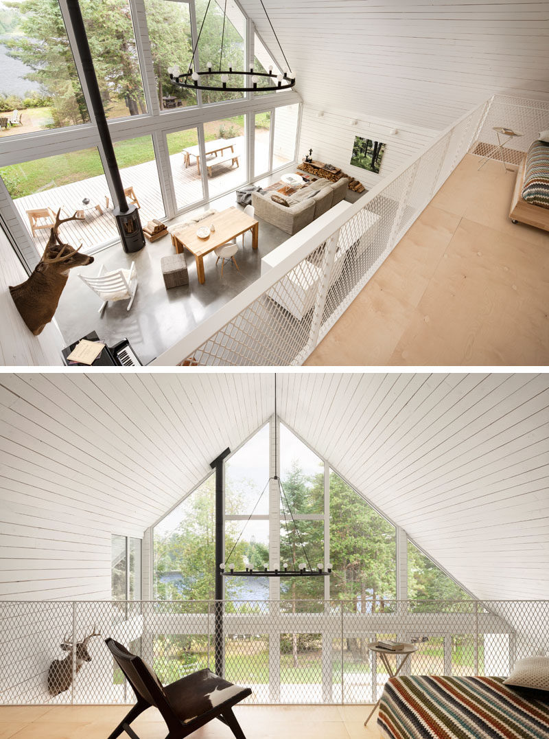 This Canadian cabin has a lofted area above the kitchen.