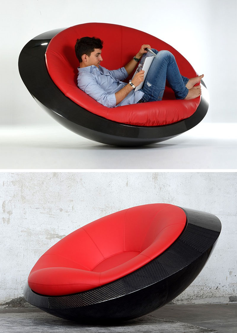 12 Comfy Chairs Perfect For Relaxing In // This flying saucer inspired rocking chair has a soft leather seat that makes it easy to get comfortable in while you rock away the day.