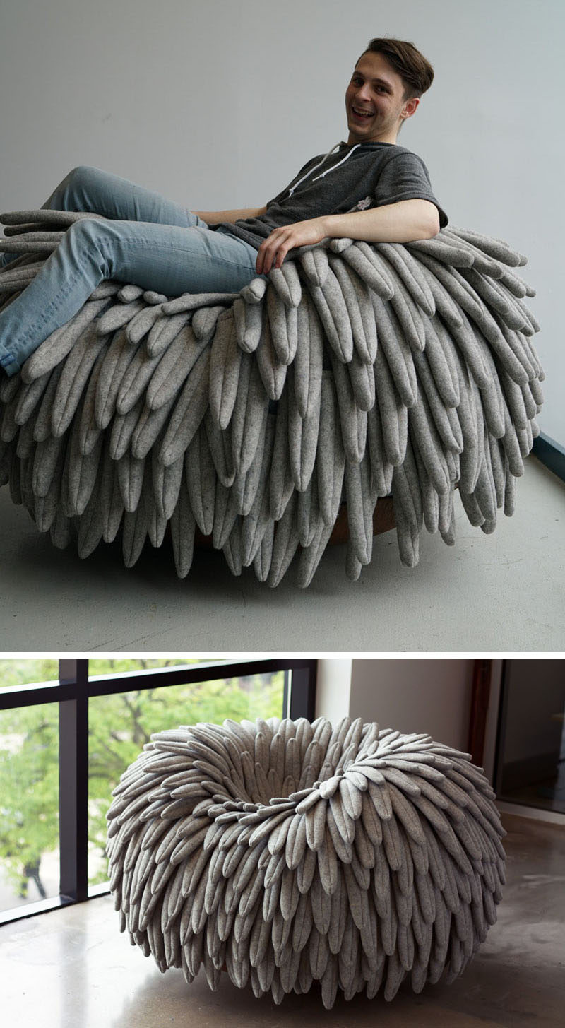 12 Comfy Chairs Perfect For Relaxing In // Feathery fabric falls over the sides of this chair that features a rounded base, turning it into a cozy rocking chair and mimicking the look of a birds nest.