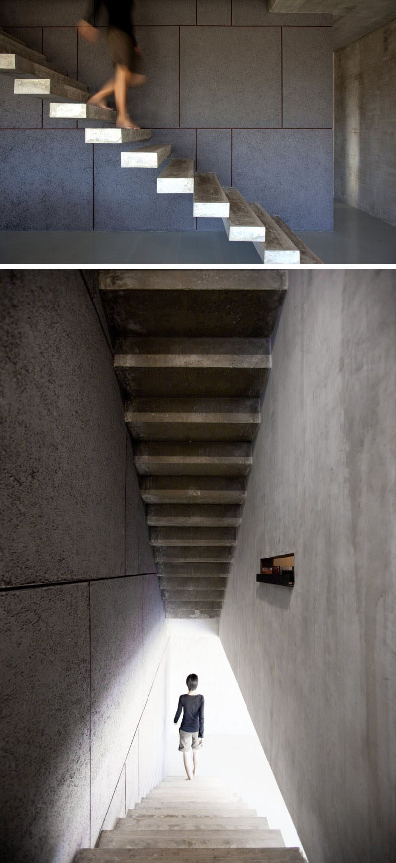 Floating concrete stairs take you to the upper floor of this Thai home.