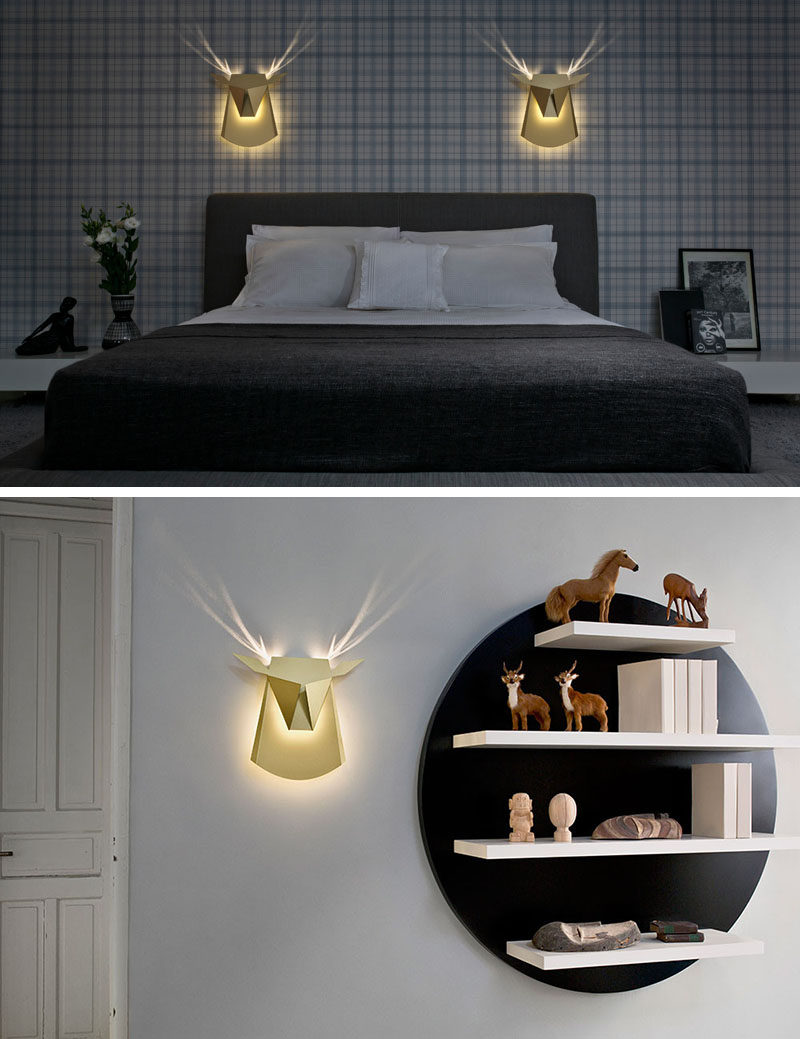 Antlers appear when you turn on this modern deer head wall lamp.