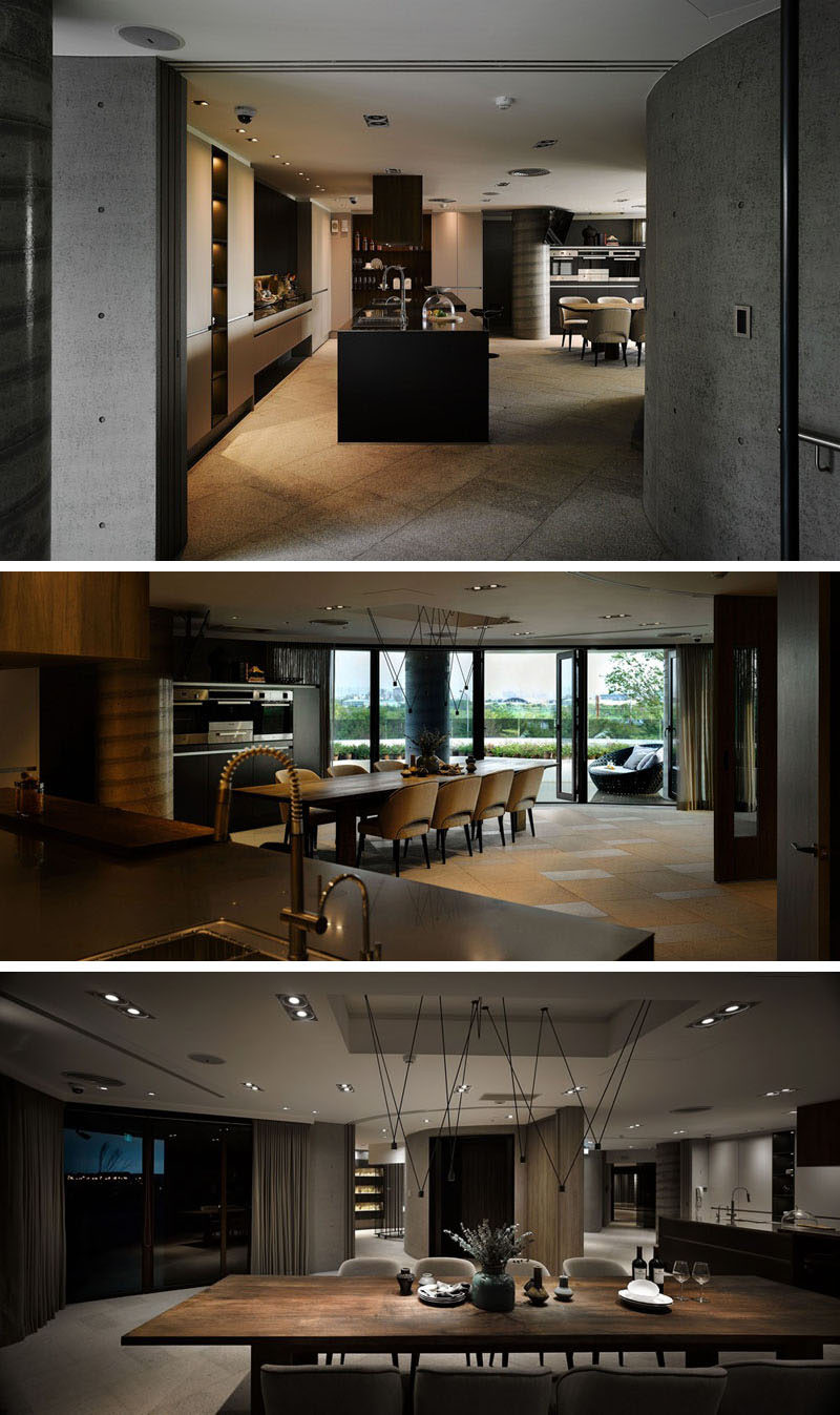 Throughout the various spaces of this clubhouse, materials like wood and concrete have been paired with dramatic lighting and natural elements to create a contemporary interior.