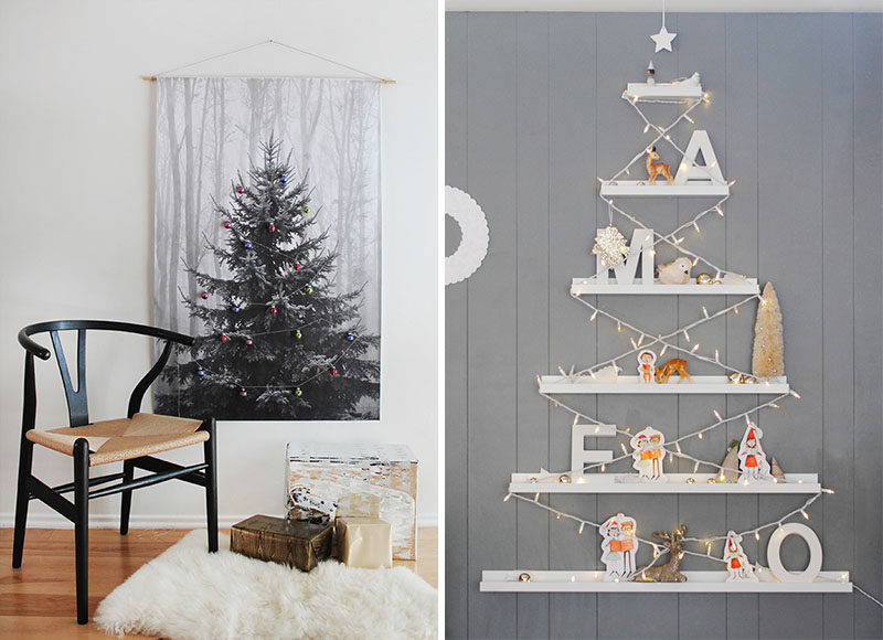 Christmas Decor Ideas - 14 DIY Alternative Modern Christmas Trees // Creating a Christmas tree alternative can be as simple as printing out a large photo of one and decorating it with small ornaments or hanging picture ledges and filling with your favorite family photos.