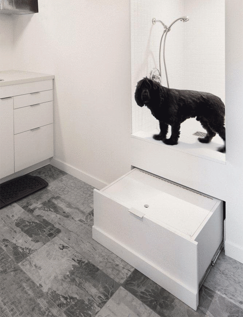 In this mudroom there's a custom-built dog wash station, that has a step (with storage) for the dog to easily get in and out.