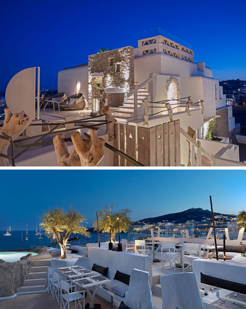 At the top of this hotel in Mykonos, Greece, there's a bar with picturesque 360 degree views of the island.
