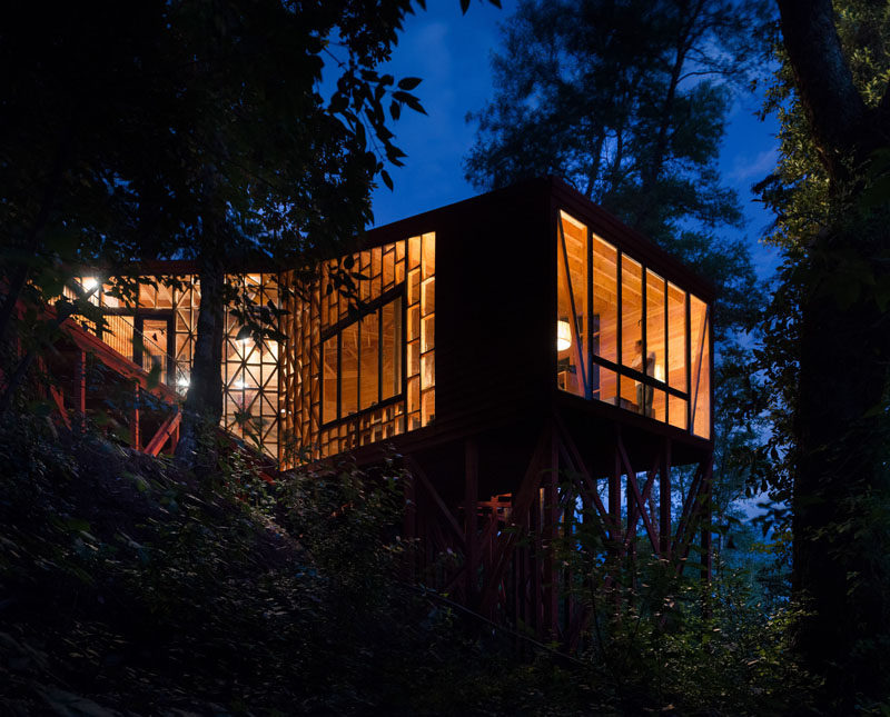 At night, this house lights up like a lantern when the lights are turned on inside.
