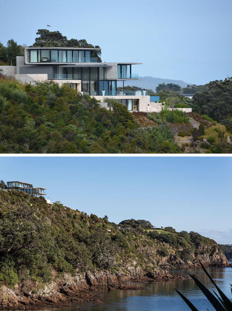 Archimedia in collaboration with their client, have designed this home that sits high up above a rocky cove on Waiheke Island in New Zealand.