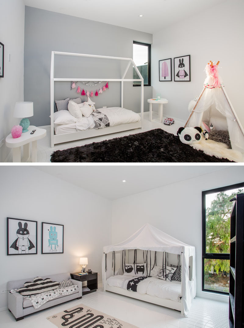 This modern home has a couple of whimsical kids bedrooms.