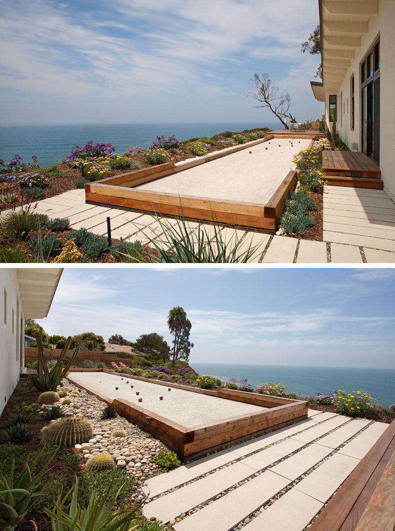 Landscaping Ideas - Liven Up Your Backyard With Some Games // The backyard of this Californian home has a built-in bocce court that overlooks the ocean.