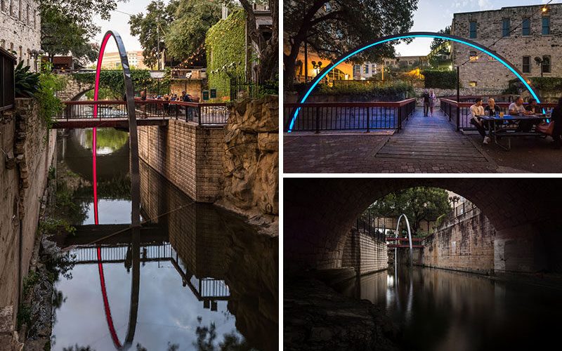 Эта иллюминированная Триумфальная арка поднимается из воды и окружает пешеходный мост в Остине, штат Техас