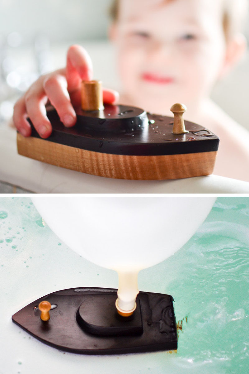 Gift Guide - 30+ Gift Ideas For The Modern Kid In Your Life // These bath-friendly wooden boats are powered by balloons! Blow one up, attach it to the top, and watch as the boat gets propelled in the water.