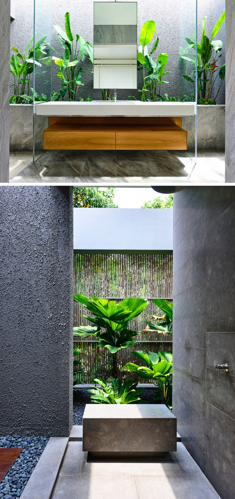 This bathroom is full of natural materials and tropical plants.