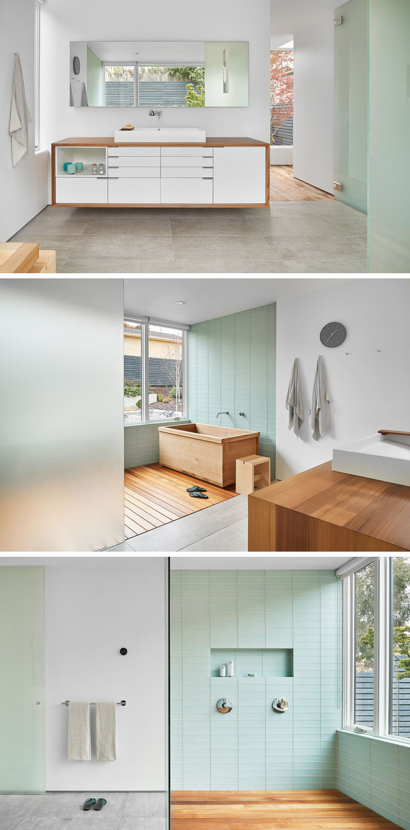 In this bathroom, custom cabinets and the Japanese soaking tub have both been made using Western Red cedar. Pastel green tiles and frosted glass makes the bathroom have a relaxed feeling.