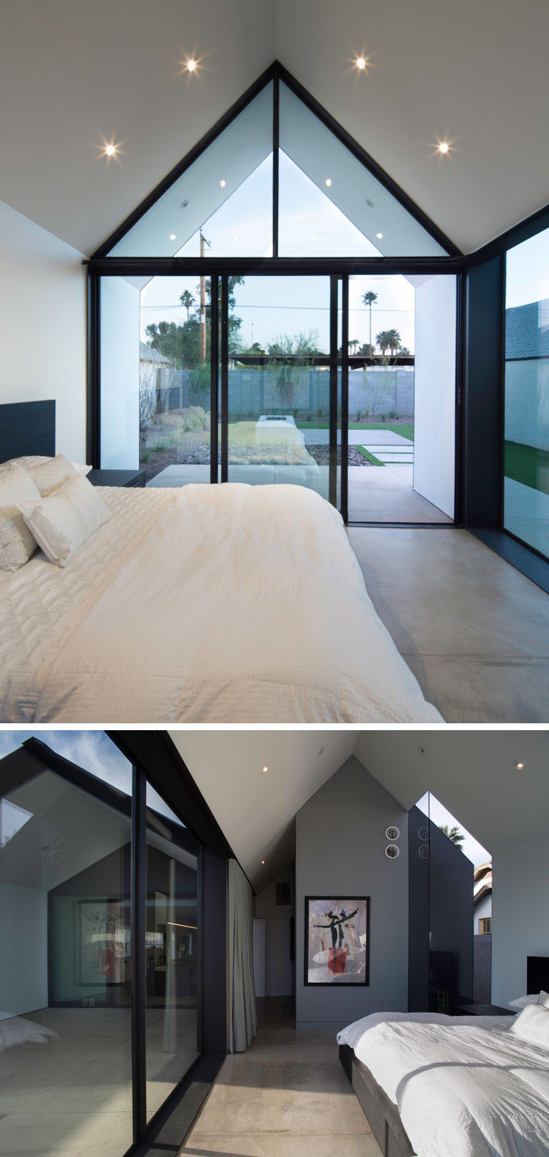 In this master bedroom, windows follow the line of the roof and provide a view of the backyard.