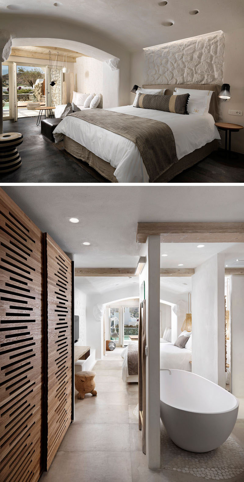This contemporary hotel room has natural stone and aged wood featured throughout.