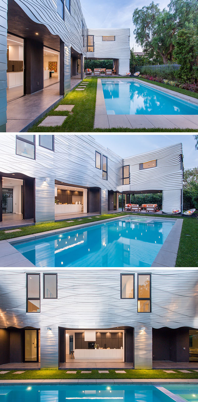 This modern house partially wraps around the swimming pool and many of the interior spaces open up to the outdoors.