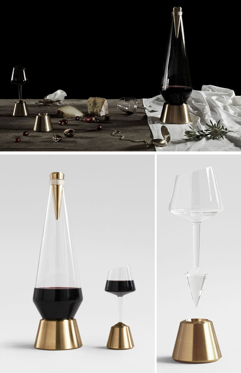 10 Unique Modern Wine Decanters // The bottom of this wine decanter has a point on it that prevents it from being able to sit on the table unless it's perched on its brass base.