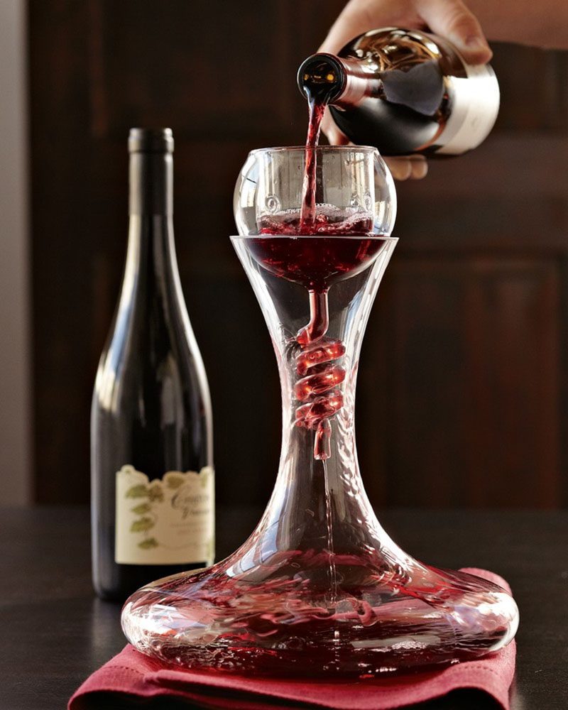 10 Unique Modern Wine Decanters // The spiral funnel of this aerator/decanter combo adds more oxygen to the wine as it flows into the wide base of the decanter.