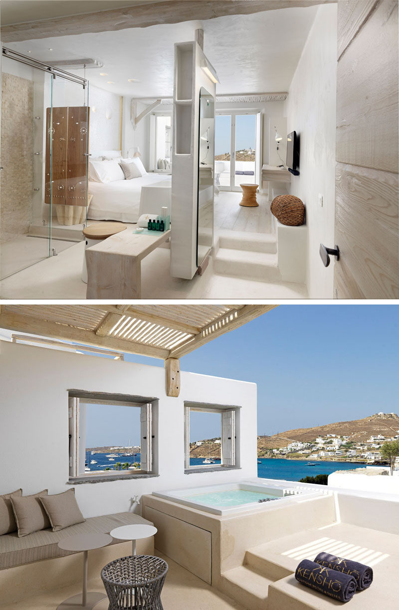 This hotel room in Mykonos, Greece, has it's own private spa on the balcony.