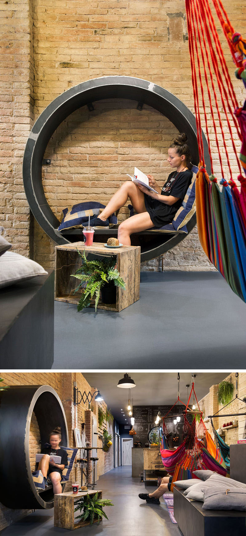 This circular reading nook with comfy pillows is inside a juice bar in Barcelona.