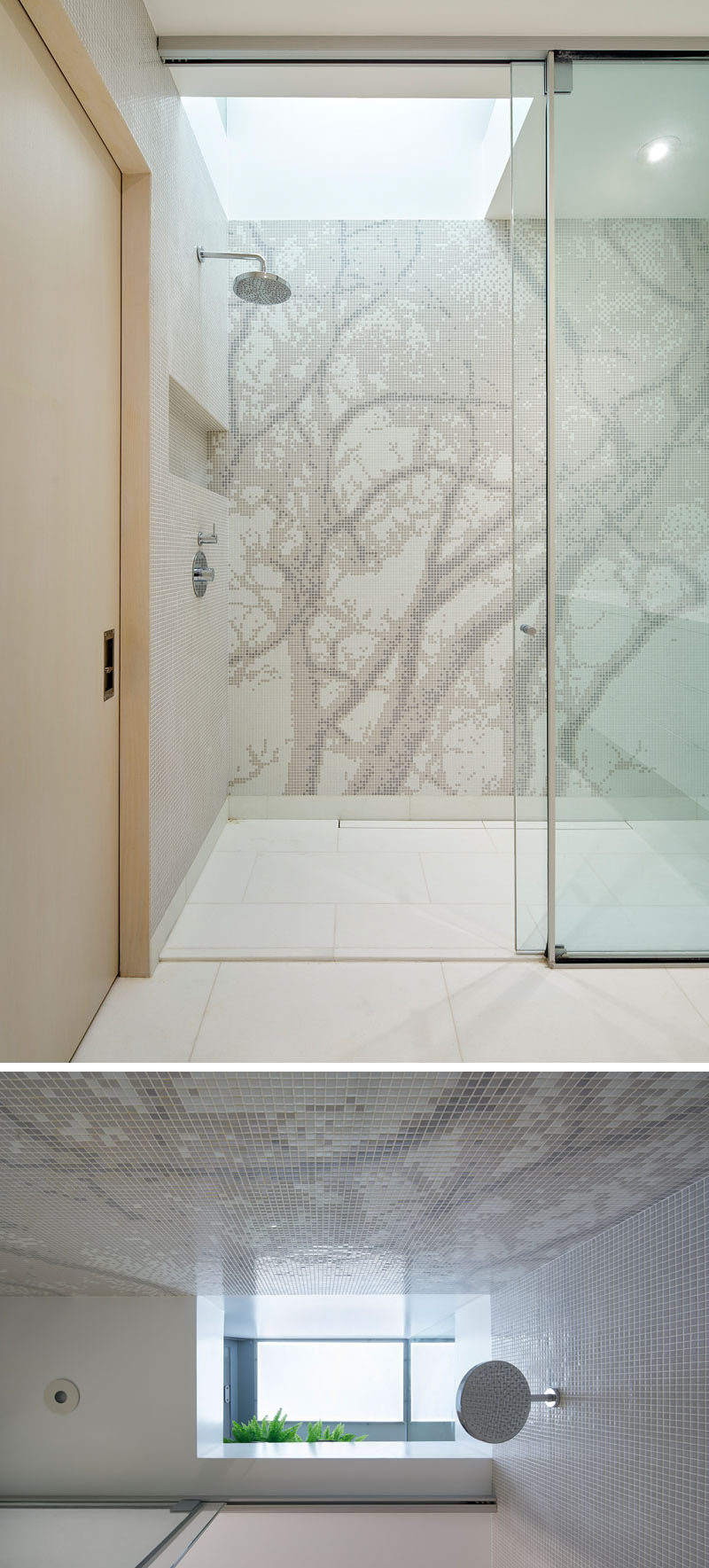 When you are in this shower, the steam from the shower collects on glass walls of a garden positioned directly above and waters the plants, which are partially visible from the shower below.