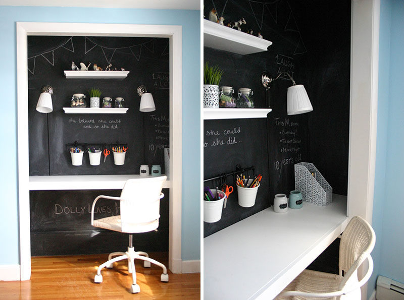 Small Apartment Design Ideas - Create A Home Office In A Closet // The doors have been taken off the hinges and the interior has been painted with chalkboard paint to create a cozy space perfect for doing homework, crafts, or work.