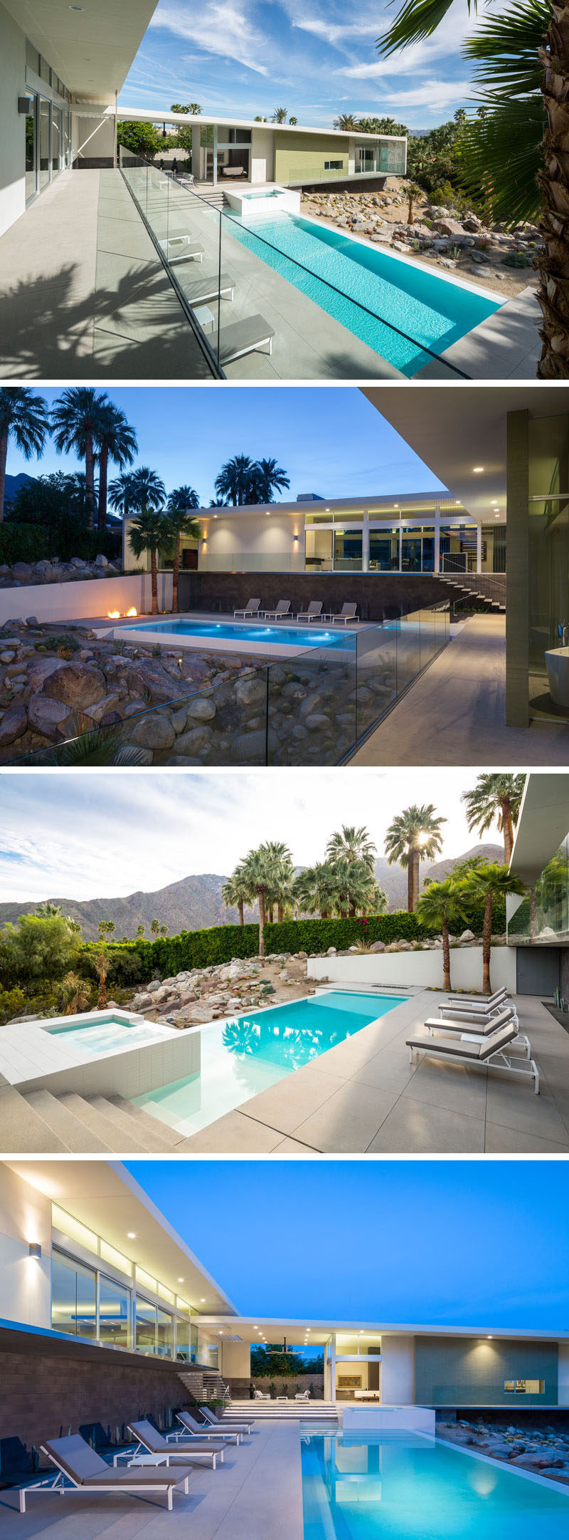 This pool and spa are surrounded by a concrete deck and rock garden.