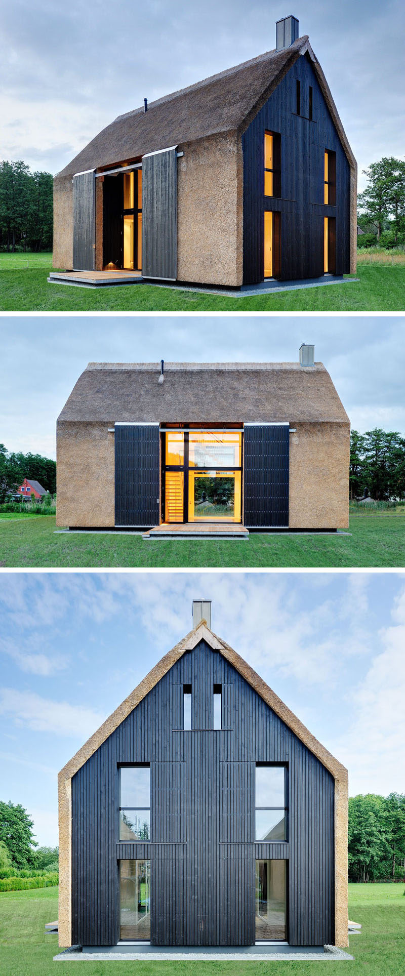 12 Examples Of Modern Houses And Buildings That Have A Thatched Roof // Thatch covers the entire exterior of this home including the roof and walls to create a textured look and contrast the black wood paneling.