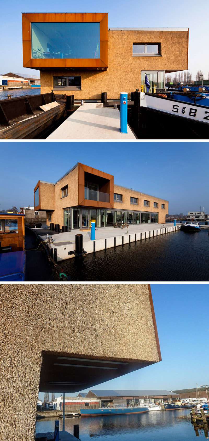 12 Examples Of Modern Houses And Buildings That Have A Thatched Roof // This floating office building for canal cleaners in Amsterdam is covered with both steel and trimmed thatch that protect it from the elements.