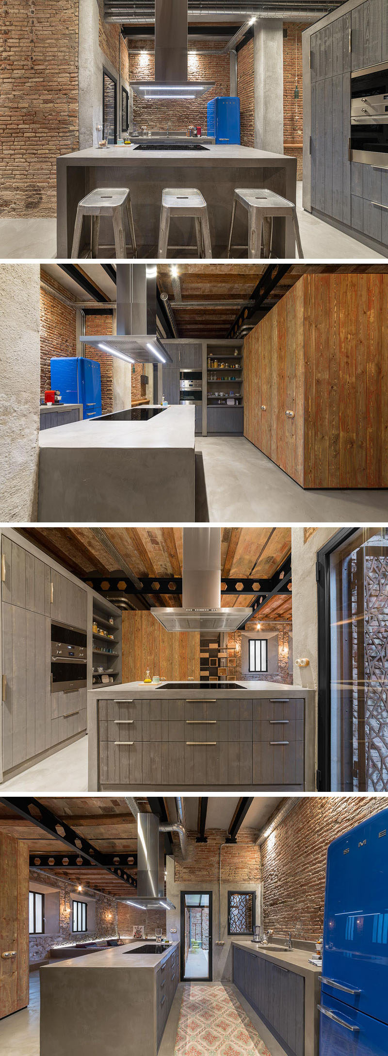 In this kitchen, a large central island provides plenty of counter space, and light gray wood has been paired with concrete to create a contemporary look.