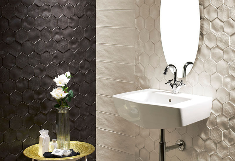 Bathroom Tile Ideas - Install 3D Tiles To Add Texture To Your Bathroom // These tiles have different patterns imprinted on their uneven surfaces to create texture in two ways, and add a sophisticated contrast between black and white to the space.