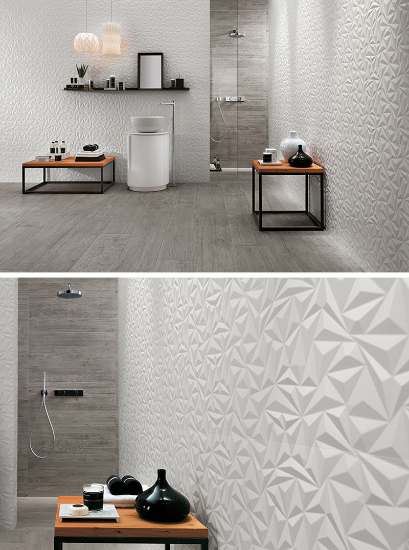 Bathroom Tile Ideas - Install 3D Tiles To Add Texture To Your Bathroom // The geometric shapes in these 3D wall tiles create a modern and energizing feel in the bathroom, while the white color and the use of other natural materials makes the space calming and relaxing.