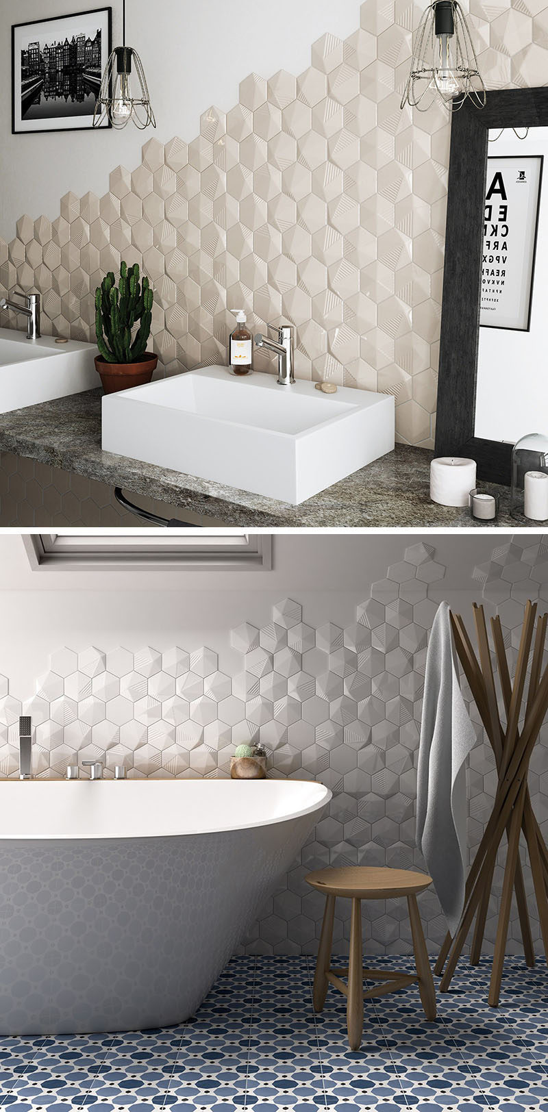 Bathroom Tile Ideas - Install 3D Tiles To Add Texture To Your Bathroom // Hexagonal tiles with a bit of texture added to them and arranged on only parts of the walls lets you add depth to your walls in a stylish way that doesn't feel overwhelming.