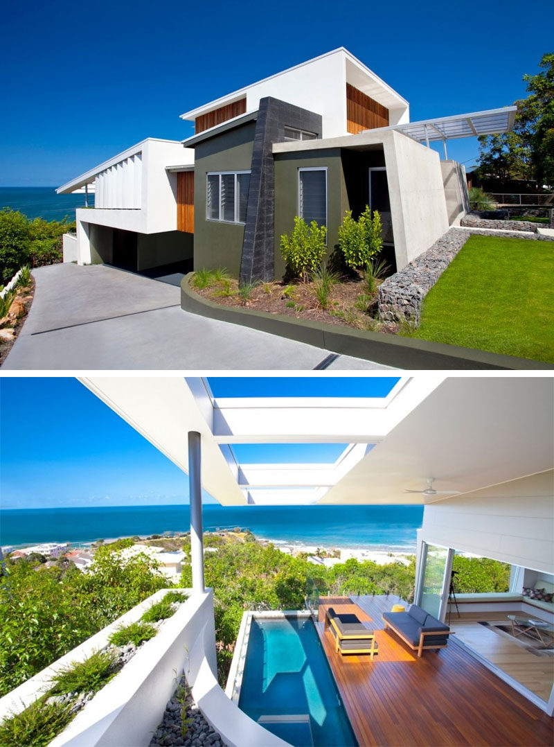 14 Examples Of Modern Beach Houses // The mixture of materials and textures on the exterior of this Australian beach house give it a modern look and help make the most of the views of the ocean while maintaining privacy from the street.