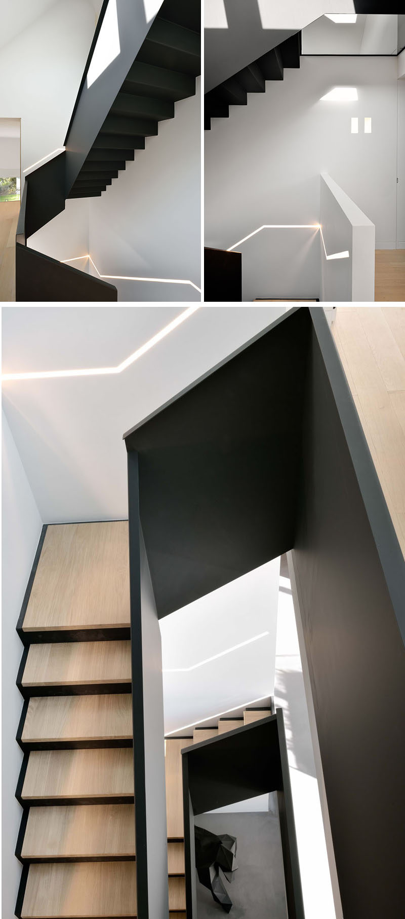 These modern black and wood stairs feature a built-in strip of hidden lighting running along side them on the wall.