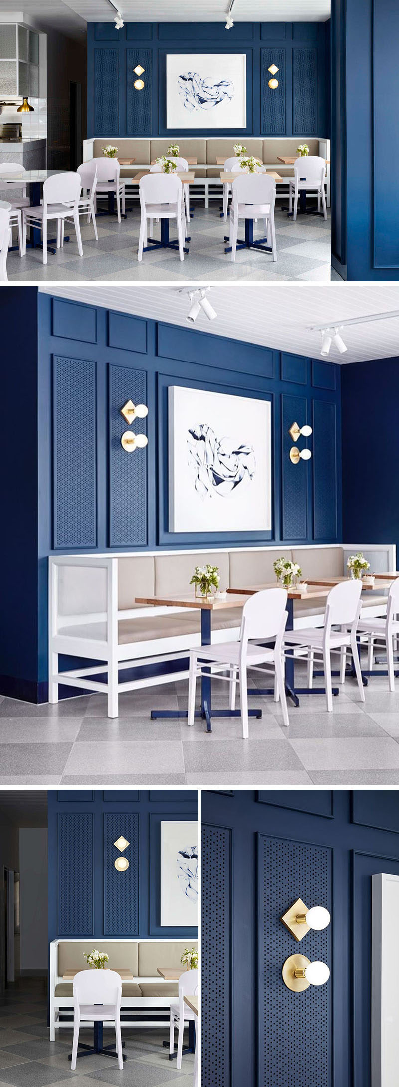Artwork above the banquette seating in this cafe has been perfectly framed with moulding and lighting.