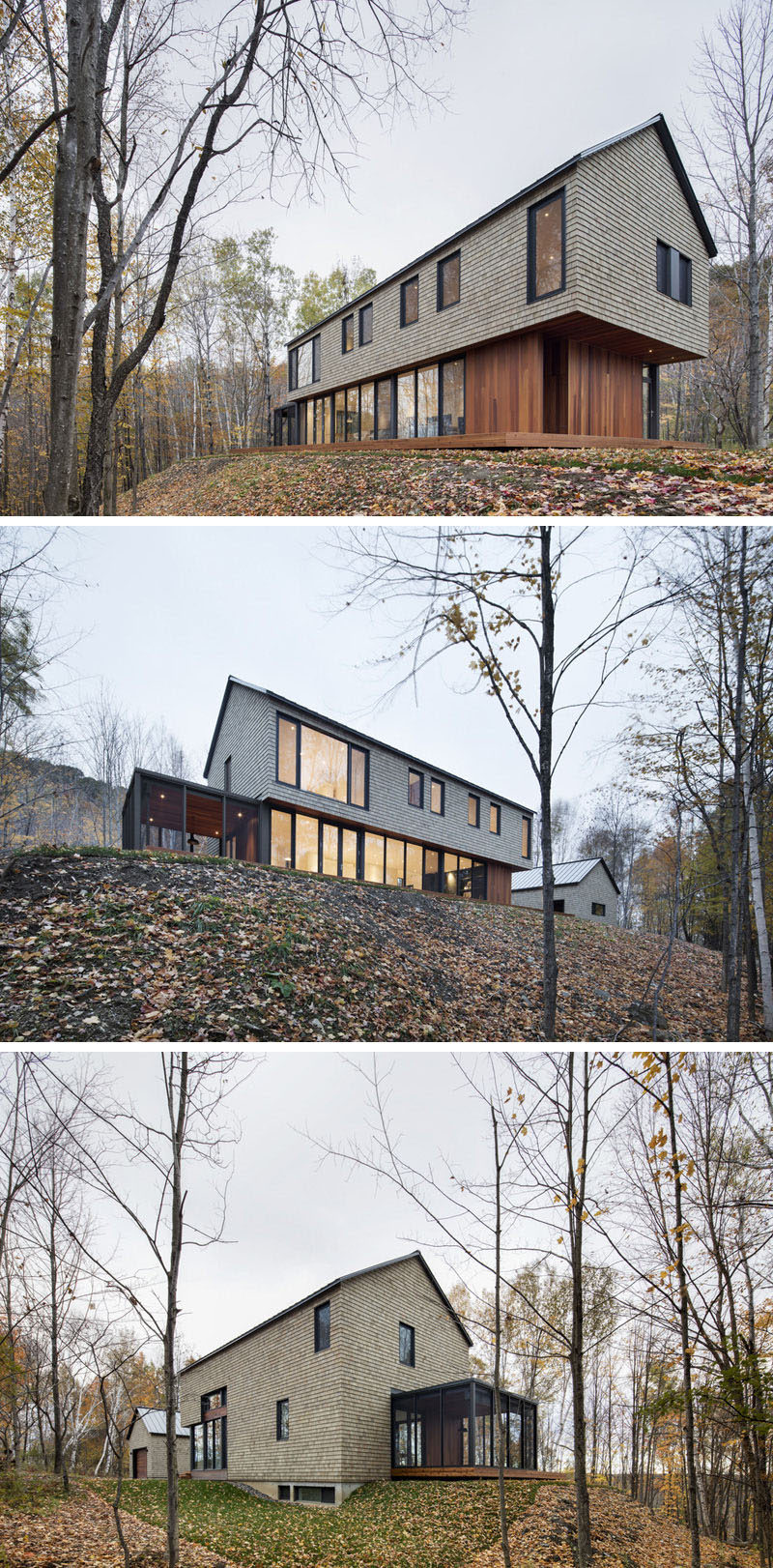 18 Modern House In The Forest // Wood shingles and wood paneling help this house fit right in with the forest surrounding it, while large windows provide views of the ever changing landscape.