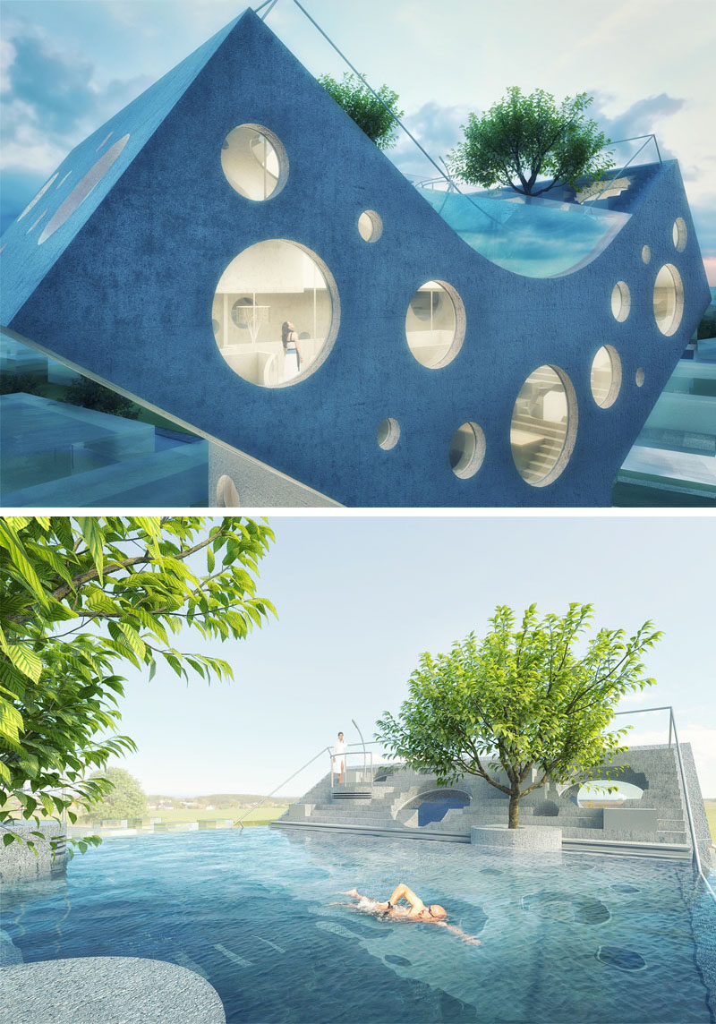 At the top of this futuristic concept home, the Y-shape provides the opportunity to have a swimming pool and tiered outdoor space.