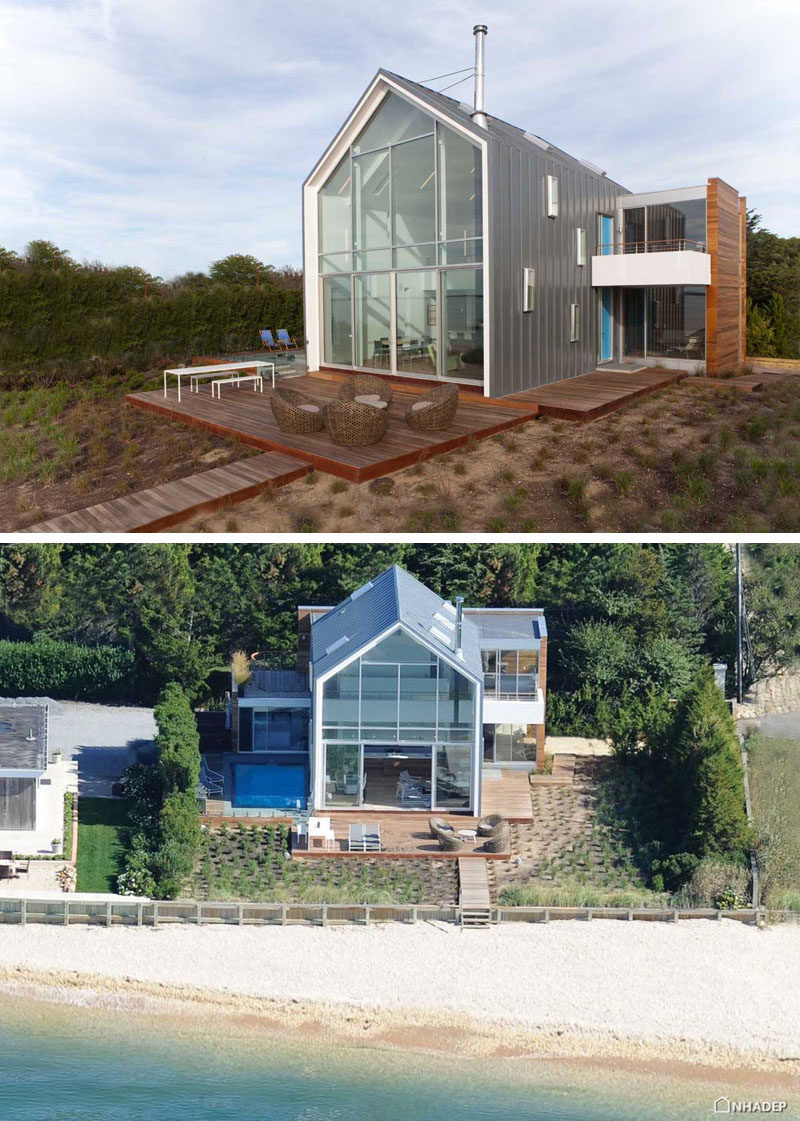 14 Examples Of Modern Beach Houses // The entire back wall of this New York beach home is made of glass to offer views of the ocean and let in as much natural light as possible.
