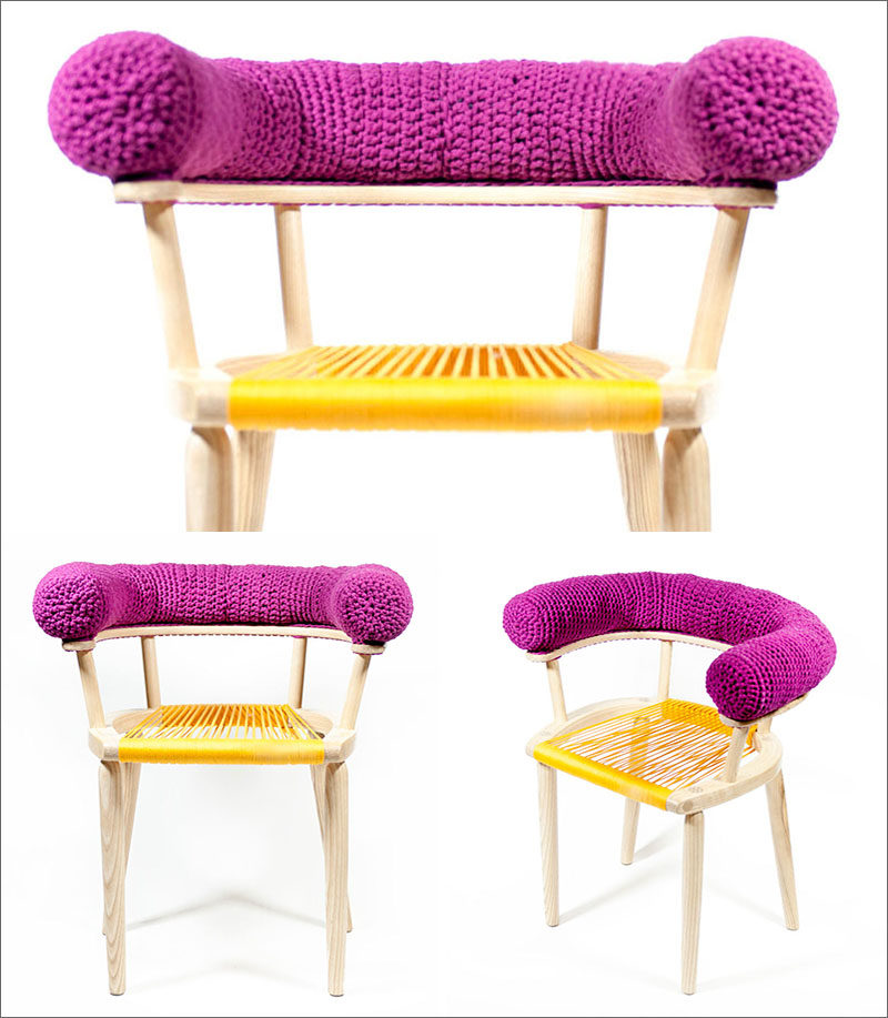 In this armchair design, crochet has been used to create the upper cushion that sits on the armrest. For the seat of the chair, yellow yarn has been wrapped around the wooden chair frame.