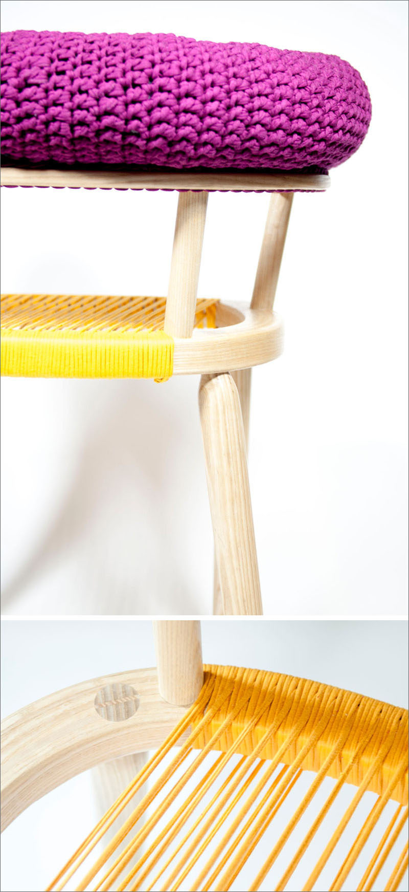 In this armchair design, crochet has been used to create the upper cushion that sits on the armrest. For the seat of the chair, yellow yarn has been wrapped around the wooden chair frame.